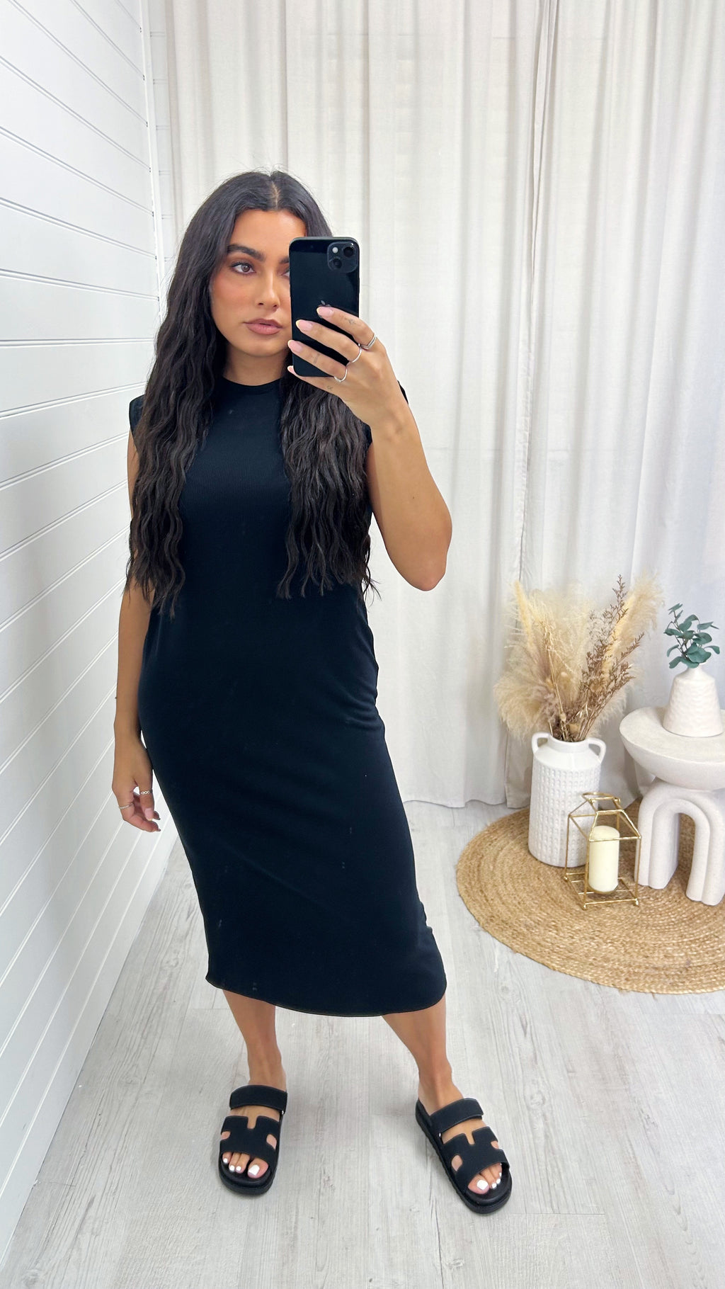 Soft Ribbed Sleeveless Midi Dress - BLACK