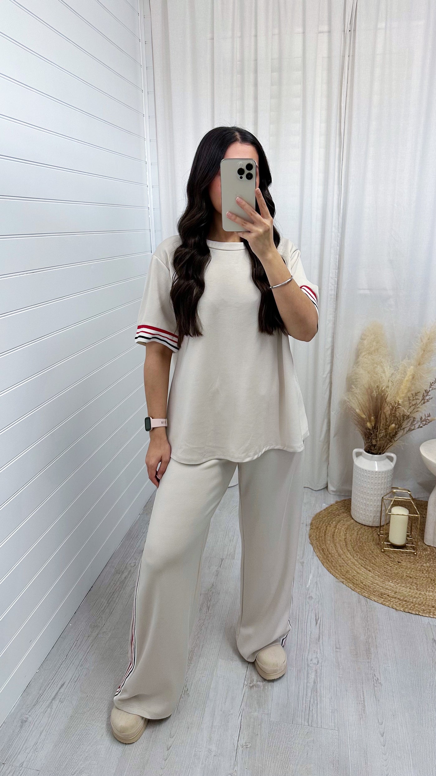 Side Stripe Plain T-Shirt and Joggers Co-Ord - BEIGE