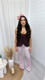 High Waisted Polka Dot Stretchy Flares - PINK/BROWN