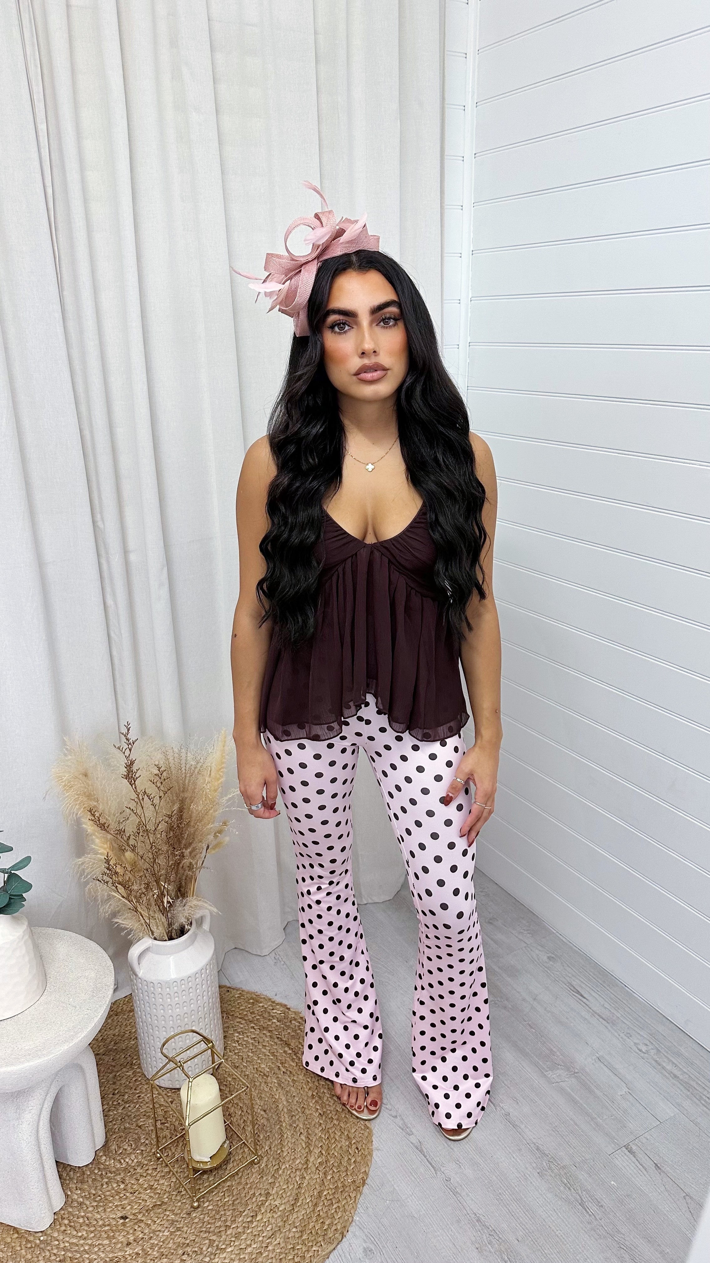 High Waisted Polka Dot Stretchy Flares - PINK/BROWN
