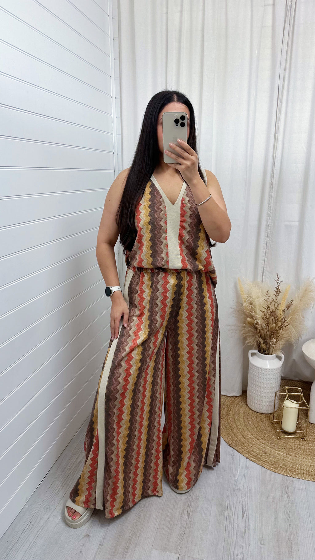 A-Line Zig Zag Vest Top and Slit Wide Leg Trousers Co-Ord - BROWN/BEIGE