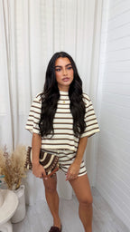 Waffle Stripe Crop Top and Shorts Co-Ord - CREAM