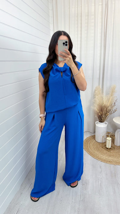 Sleeveless Bow Top and Wide Leg Trousers Co-Ord - BLUE