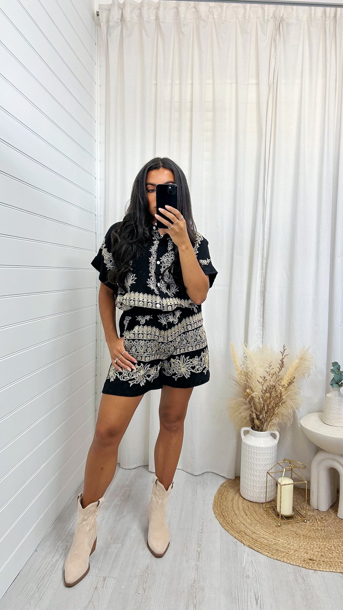 Gold Sparkle Embroidered Shirt and Shorts Co-Ord - BLACK