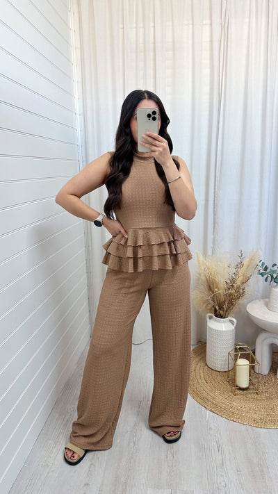 Peplum Frill Tiered Vest Top and Trousers Co-Ord - TAUPE