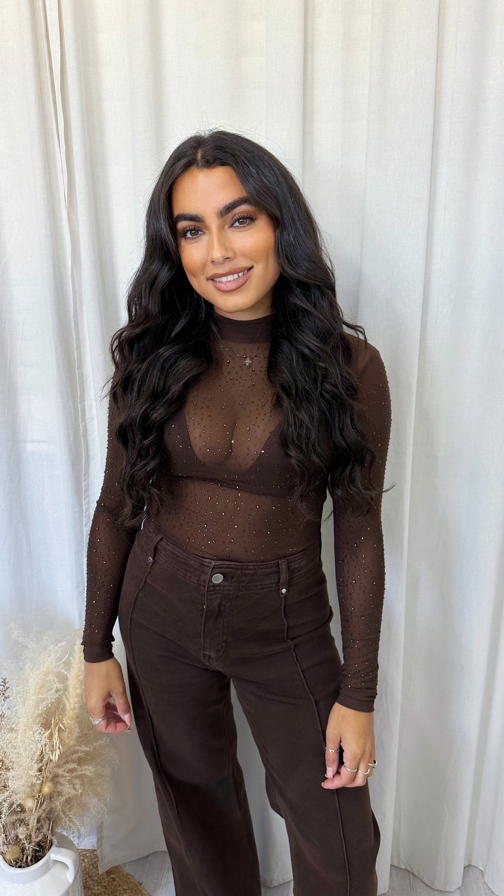 Rhinestone Mesh Long Sleeve Bodysuit - BROWN