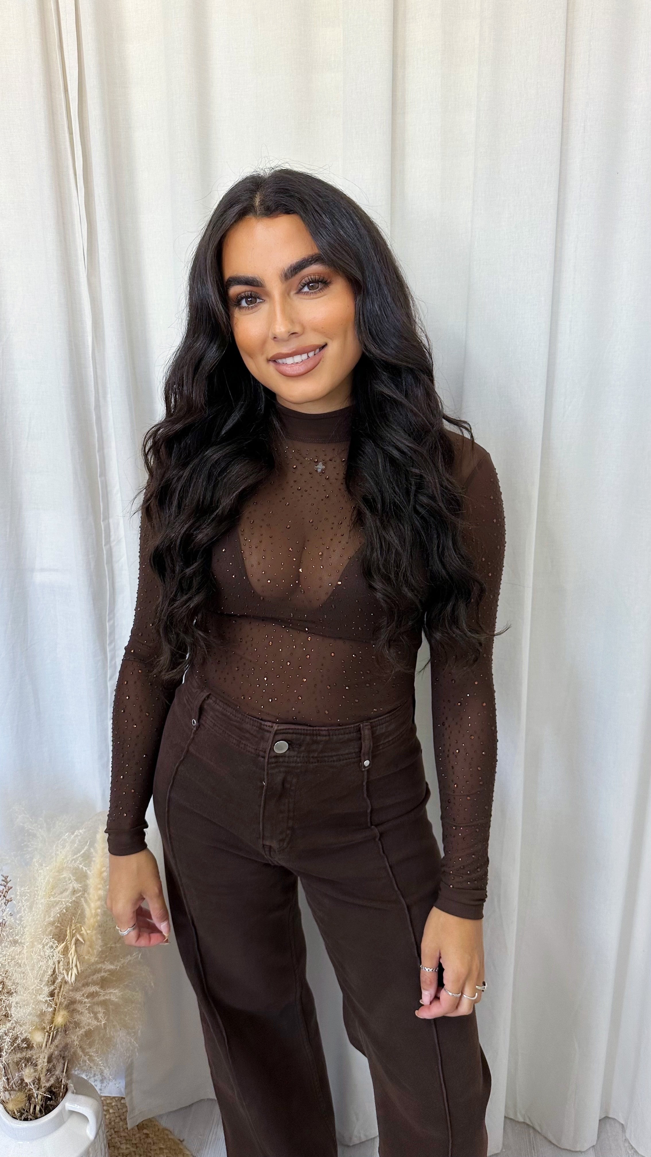 Rhinestone Mesh Long Sleeve Bodysuit - BROWN