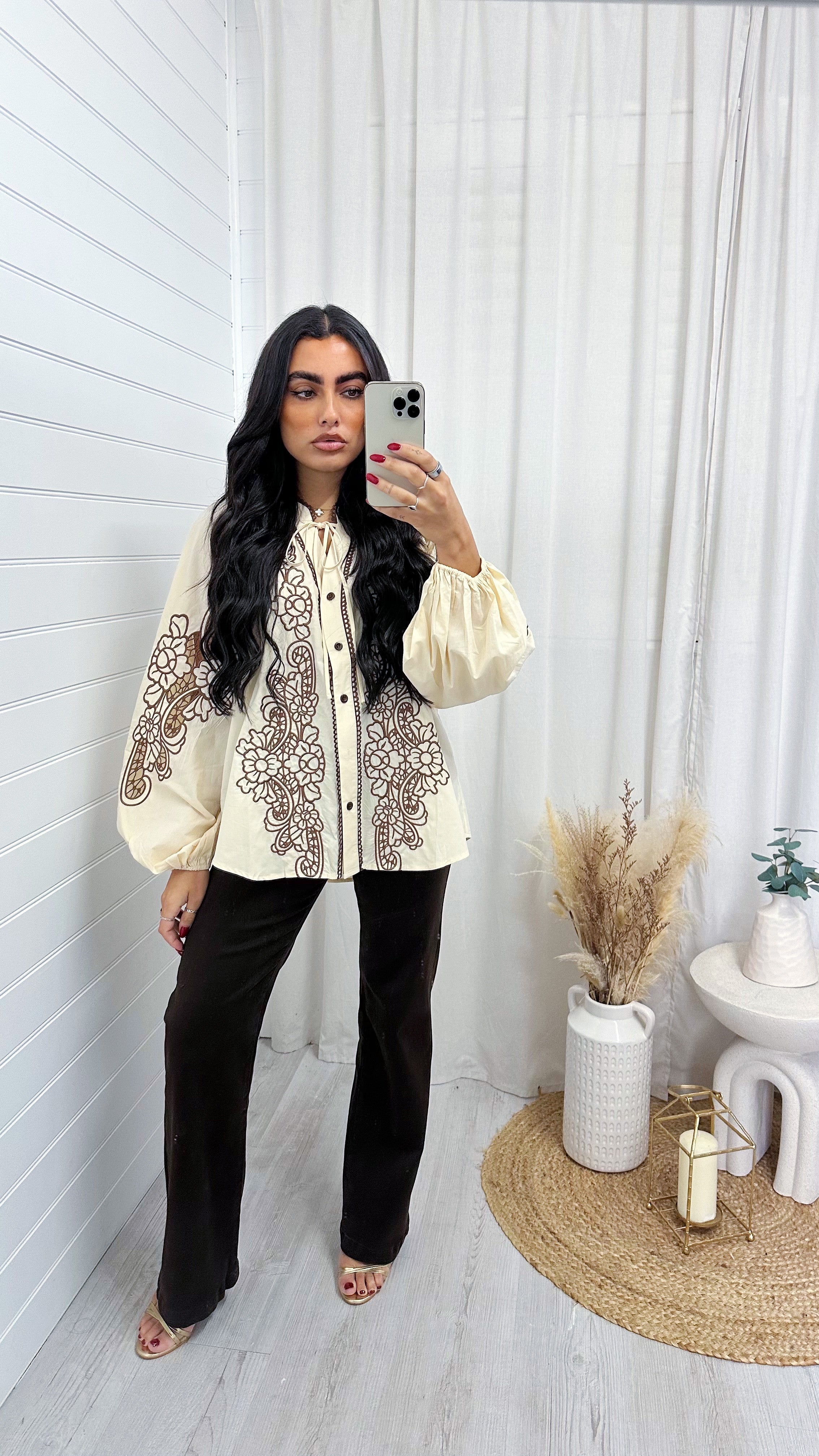 Paisley Embroidered Balloon Sleeve Shirt - BEIGE/BROWN