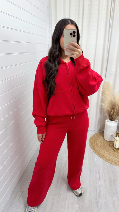 Bomber Jacket and Seam Front Joggers Tracksuit - RED