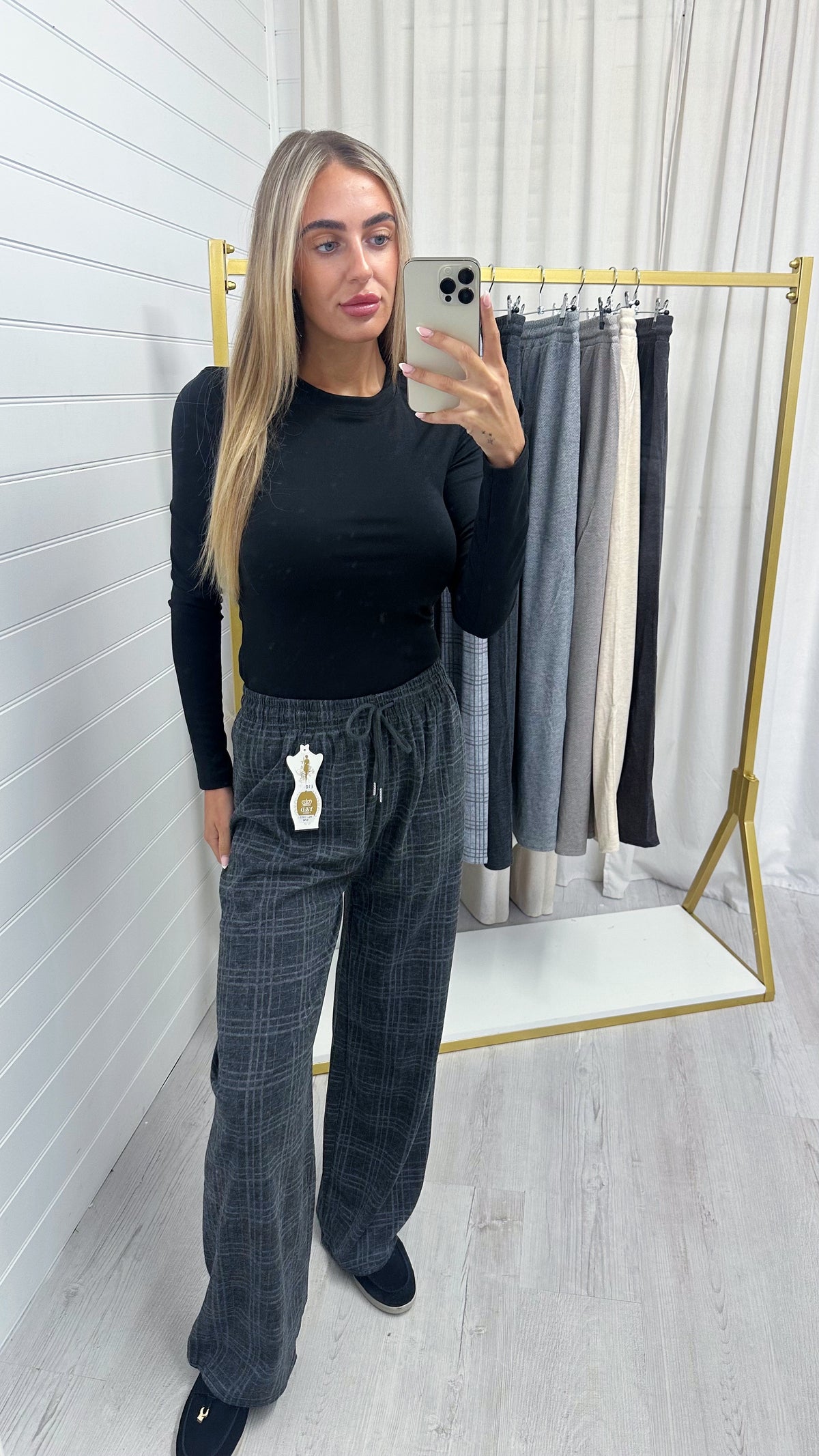 Check Wide Leg Trousers - CHARCOAL