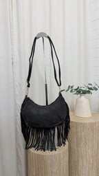 Suede Crescent Fringe Bag - CHARCOAL