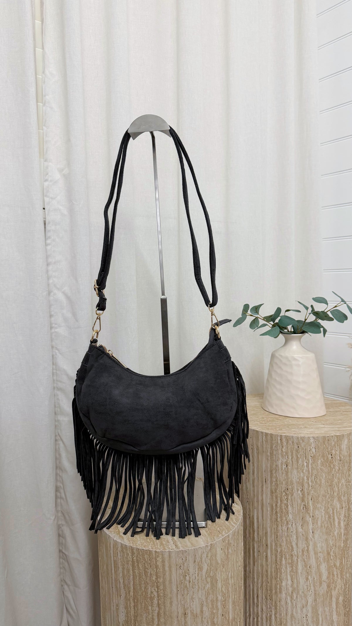 Suede Crescent Fringe Bag - CHARCOAL