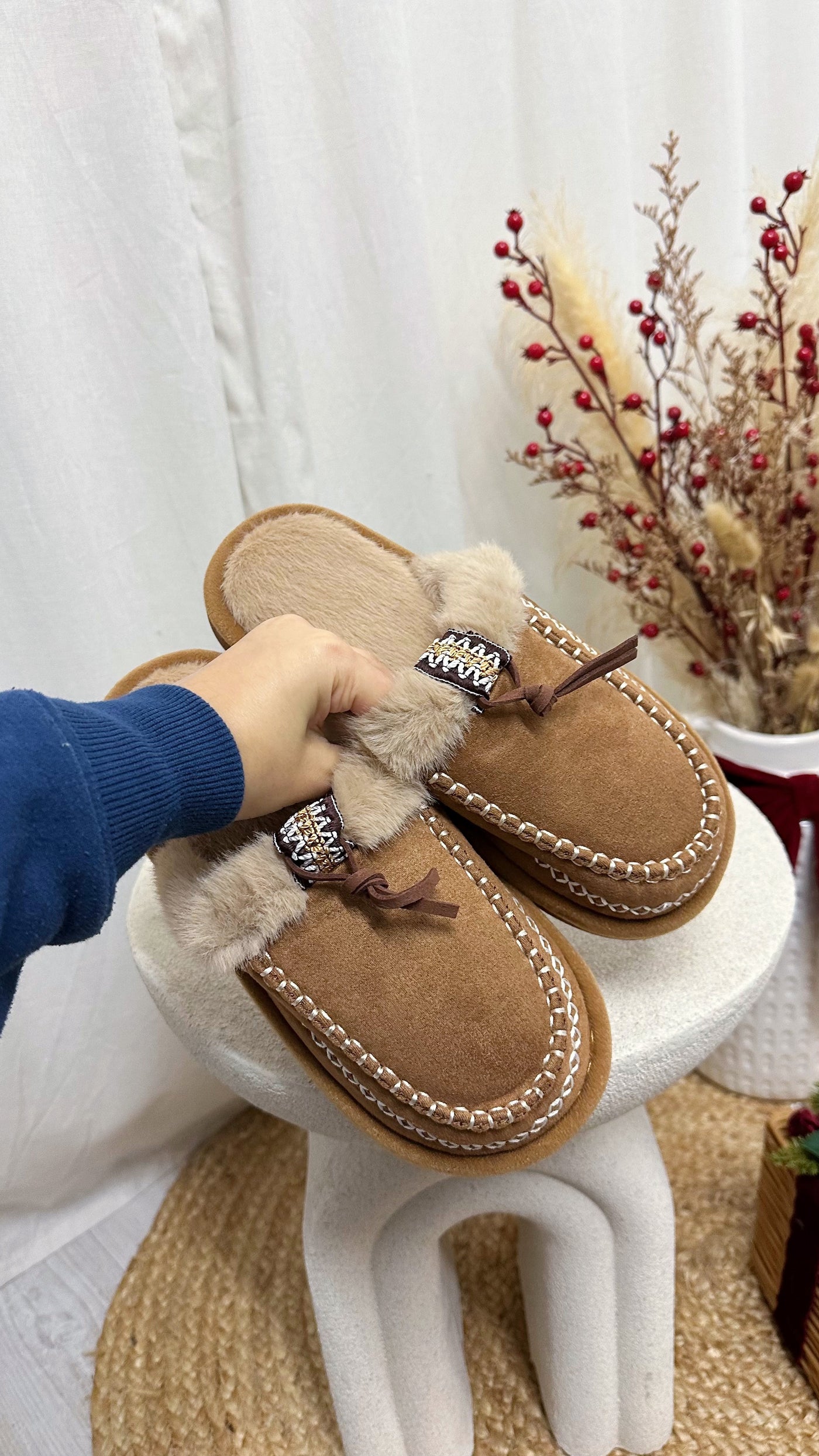 Embroidered Trim Faux Fur Slippers - CAMEL