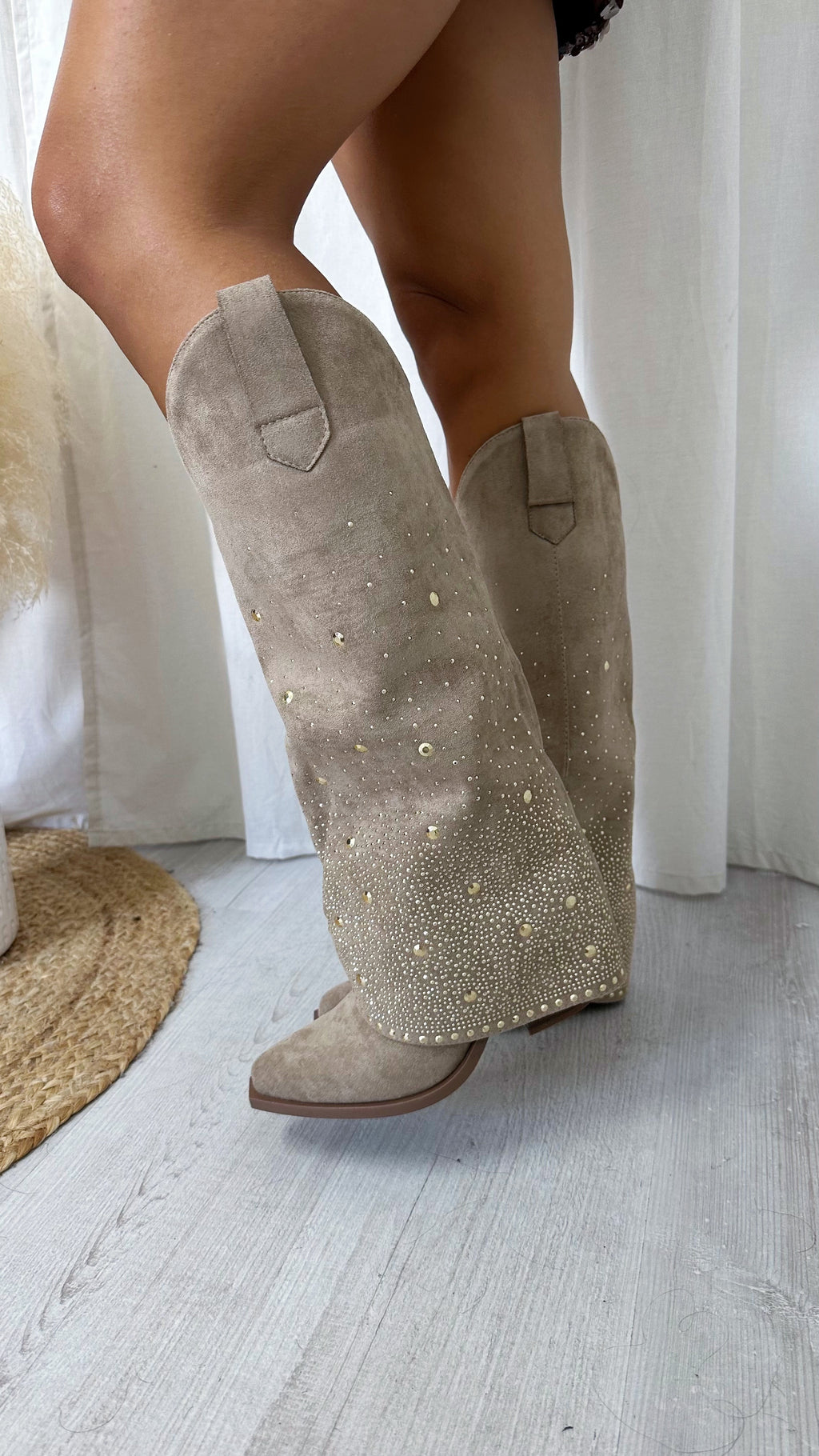 Gold Stud Knee High Fold Over Cowboy Boots - MOCHA