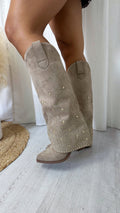 Gold Stud Knee High Fold Over Cowboy Boots - MOCHA