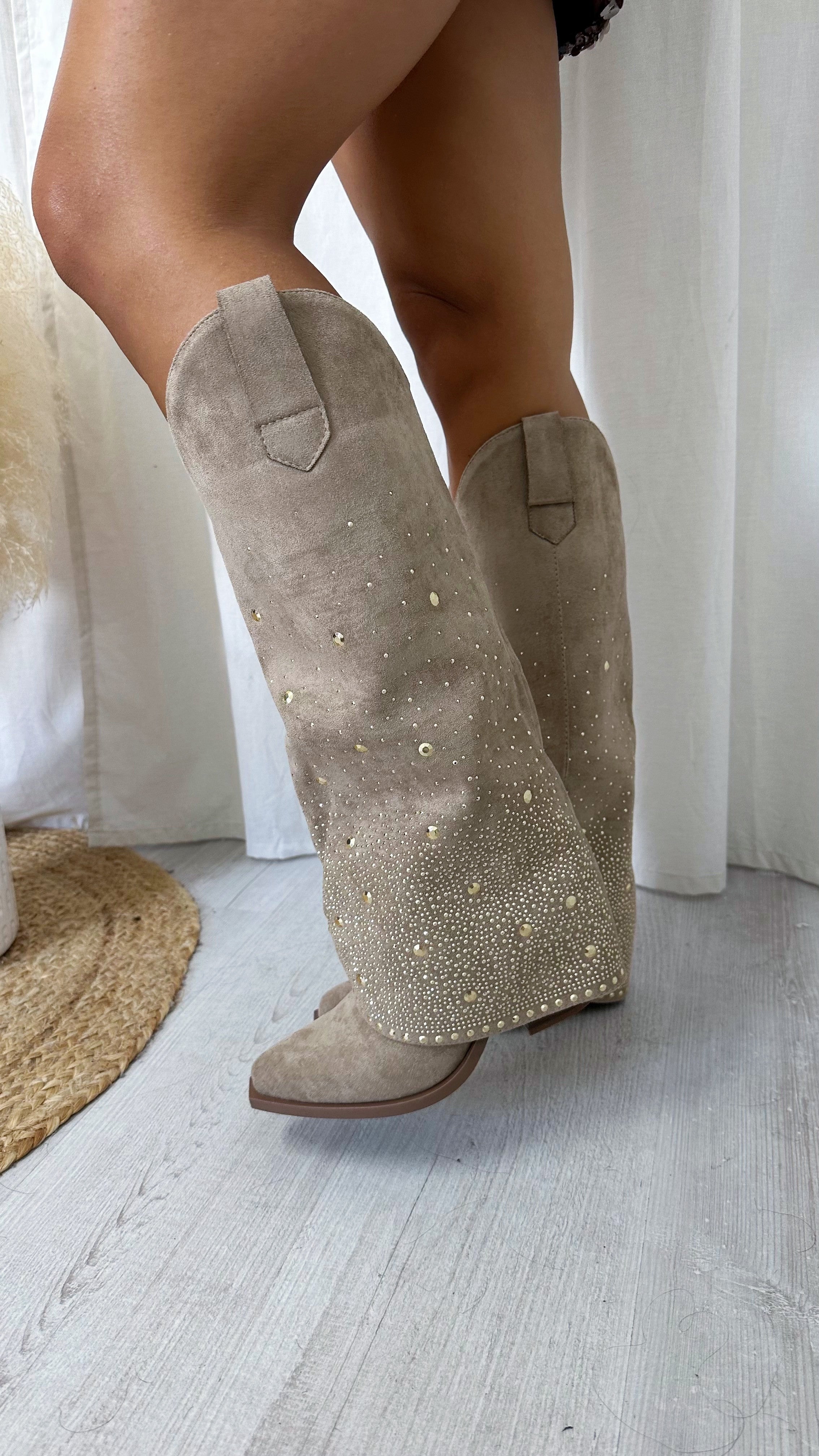 Gold Stud Knee High Fold Over Cowboy Boots - MOCHA