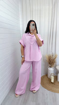 Chunky Button Shirt and Wide Leg Trousers Co-Ord - PINK