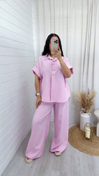 Chunky Button Shirt and Wide Leg Trousers Co-Ord - PINK
