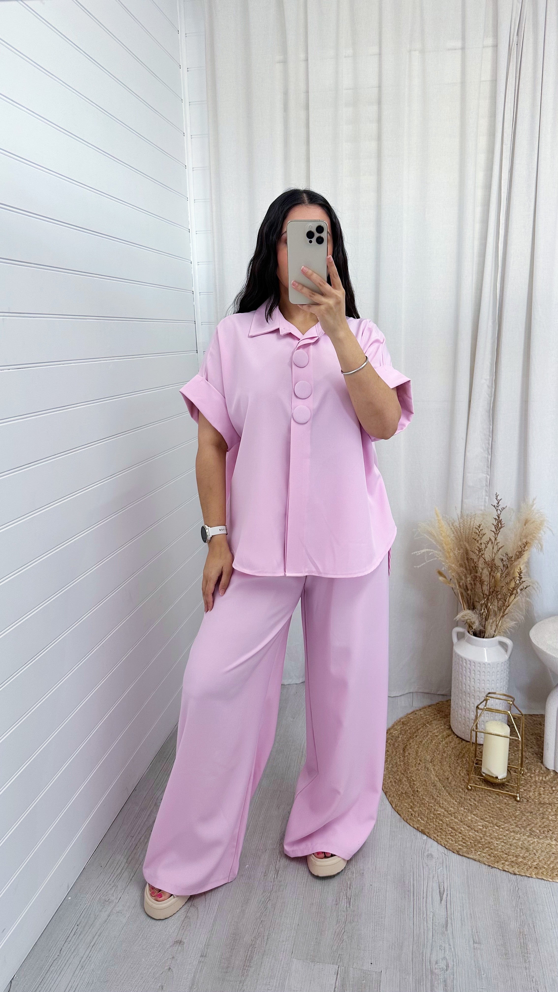 Chunky Button Shirt and Wide Leg Trousers Co-Ord - PINK