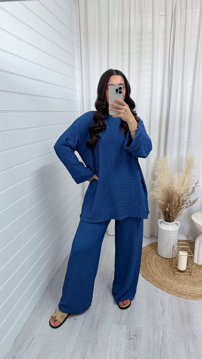 Loose Fit Cheesecloth Long Sleeve Top and Trousers Co-Ord - DENIM BLUE