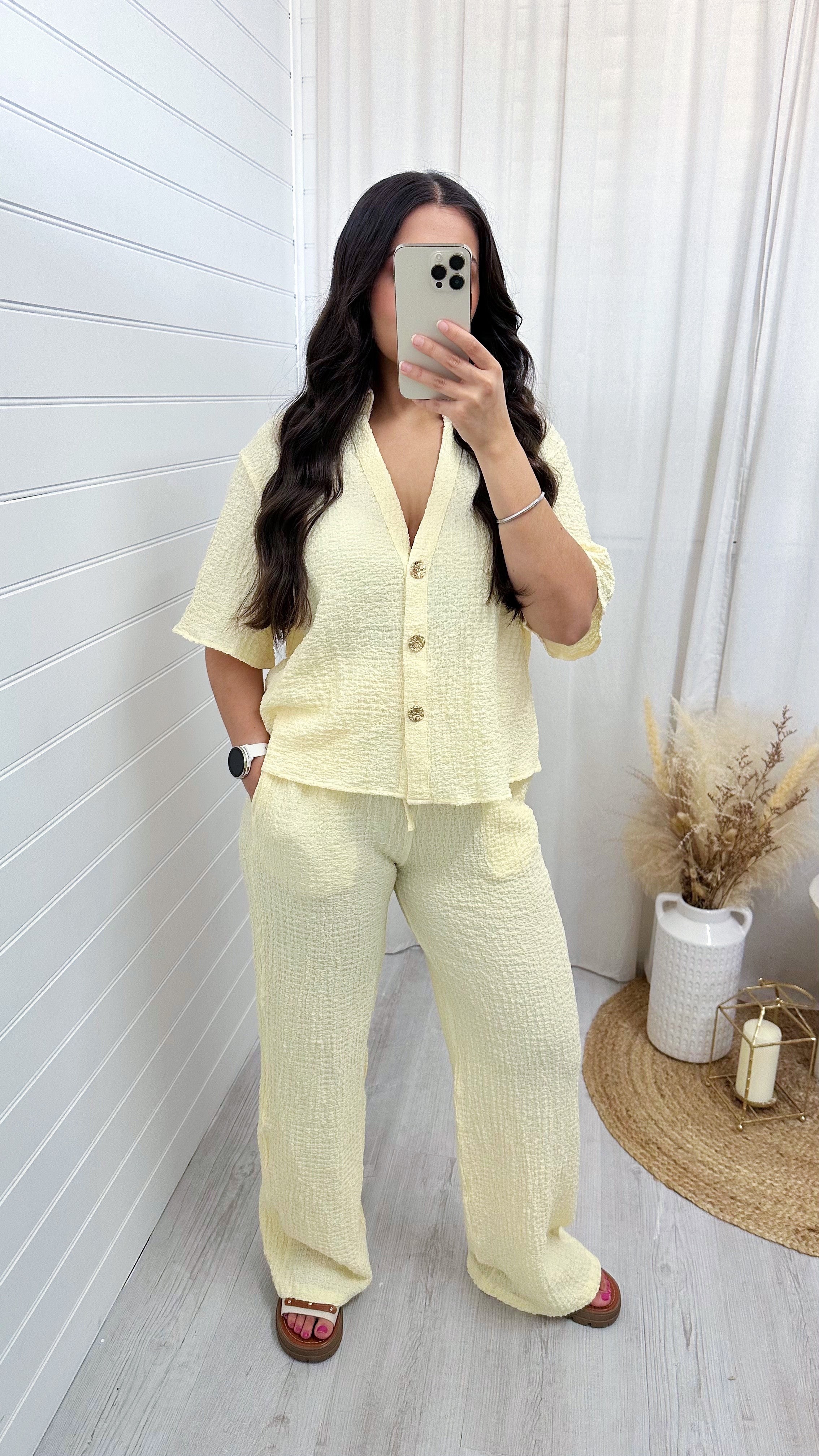 Cheesecloth Gold Button Shirt and Trousers Co-Ord - LEMON