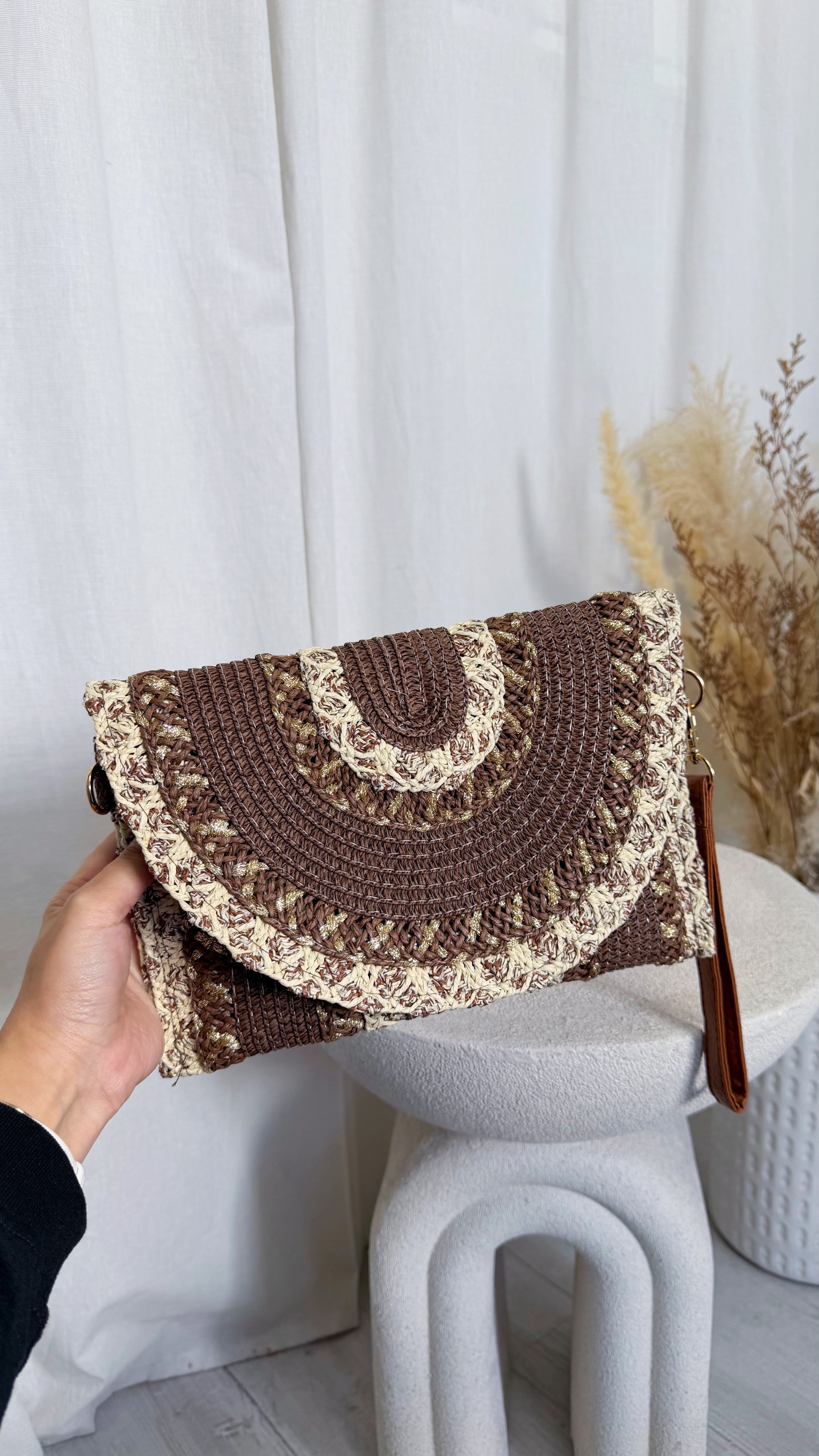 Crochet Arch Pattern Boho Clutch Bag - LIGHT BROWN