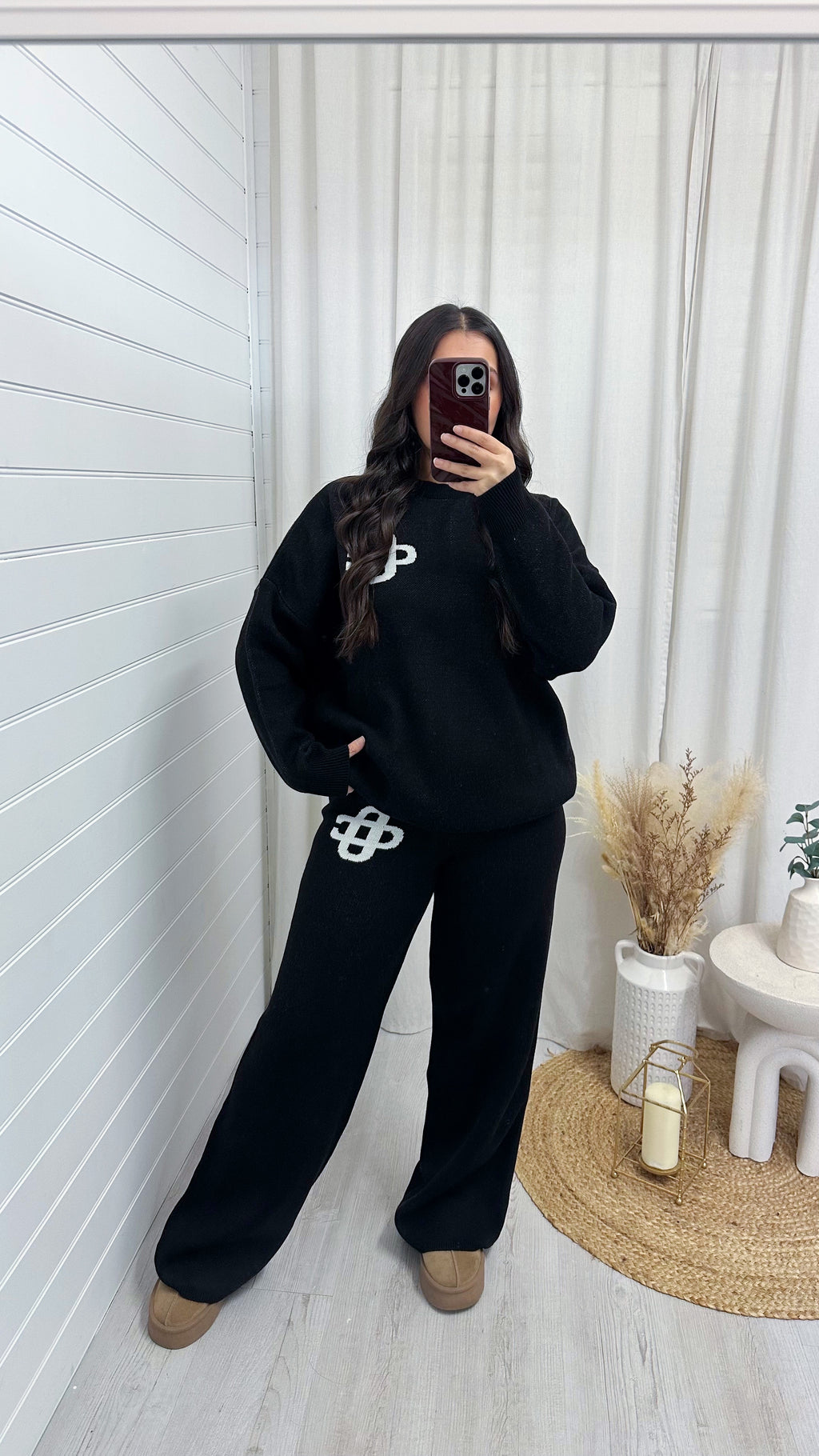 Knitted Logo Sweatshirt and Wide Leg Trousers Co-Ord - BLACK