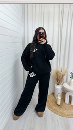 Knitted Logo Sweatshirt and Wide Leg Trousers Co-Ord - BLACK