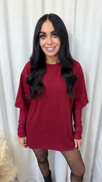 Mesh Sleeve Rhinestone Oversized T-Shirt - CHERRY RED