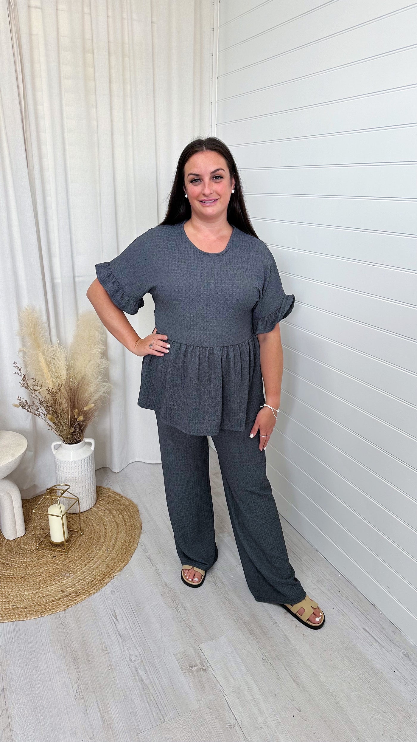 PLUS Peplum Cheesecloth Co-Ord - CHARCOAL