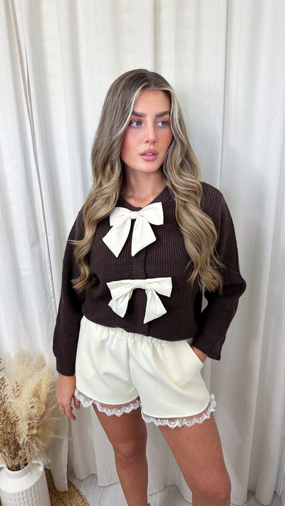 Woollen Mini Bow Cardigan - BROWN