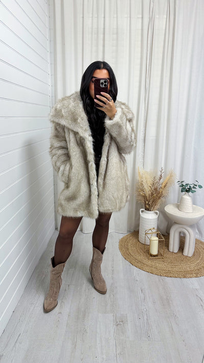 Long Faux Fur Lapel Coat - BEIGE