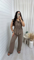 Sleeveless Cinch Shirt and Trousers Co-Ord - TAUPE