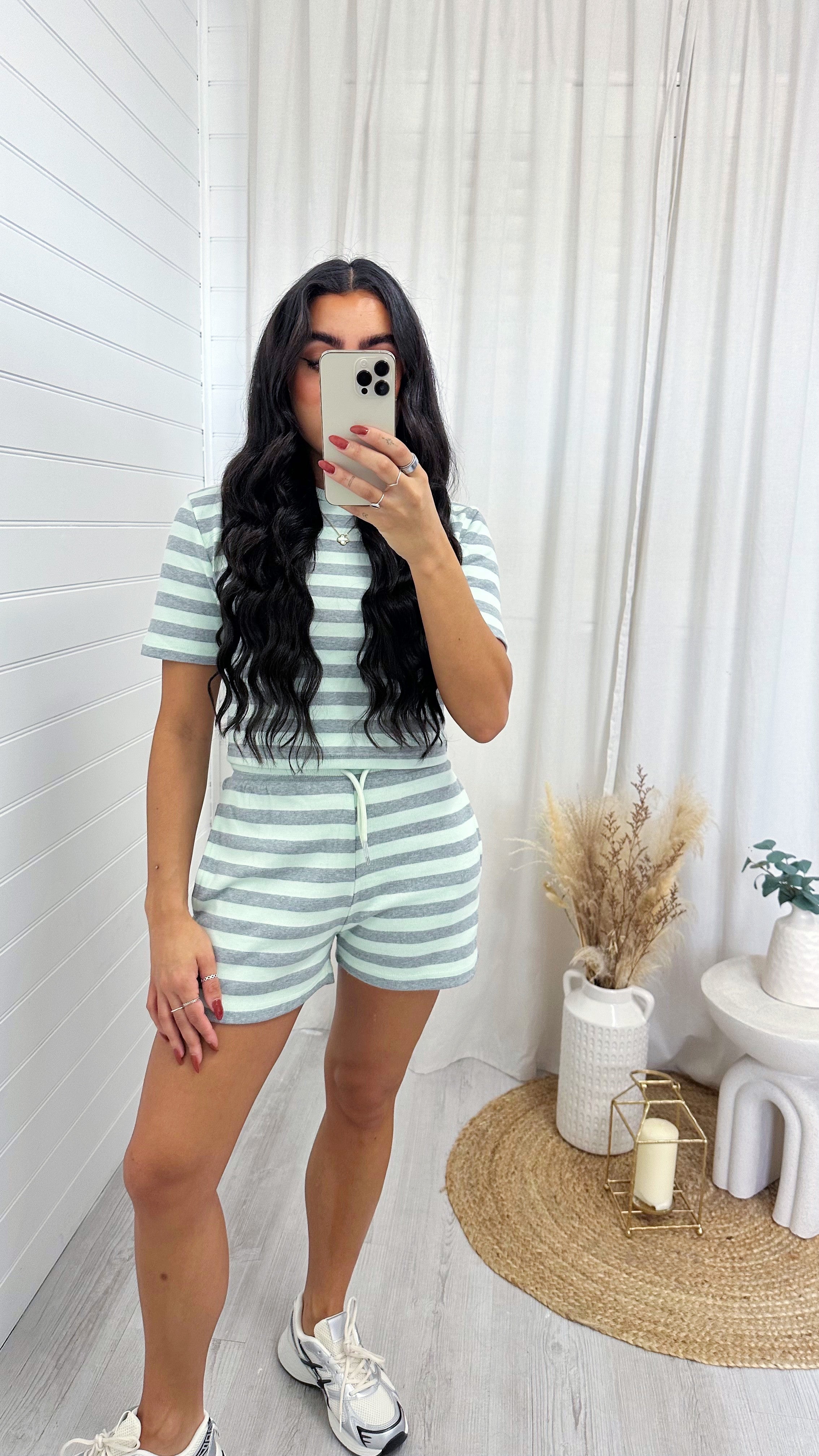 Stripey Rib T-Shirt and Shorts Co-Ord - AQUA