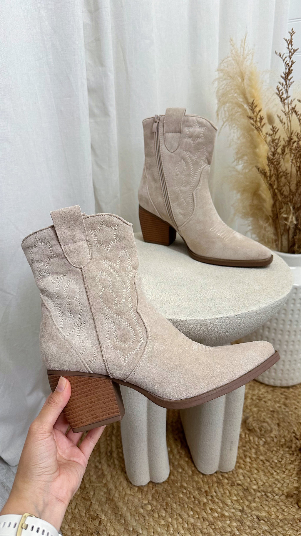 Embroidered Suede Ankle Length Cowboy Boots - BEIGE