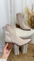 Embroidered Suede Ankle Length Cowboy Boots - BEIGE