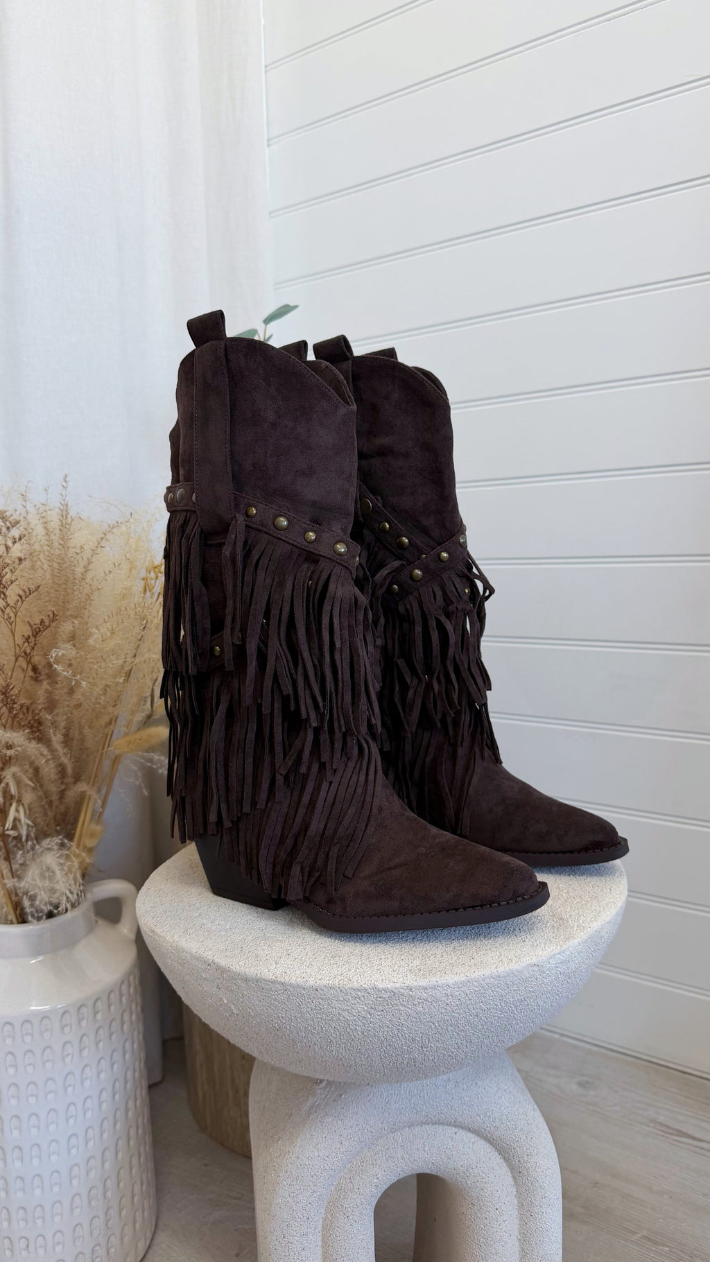 Calf Length Tassel Cowboy Boots - BROWN