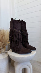 Calf Length Tassel Cowboy Boots - BROWN