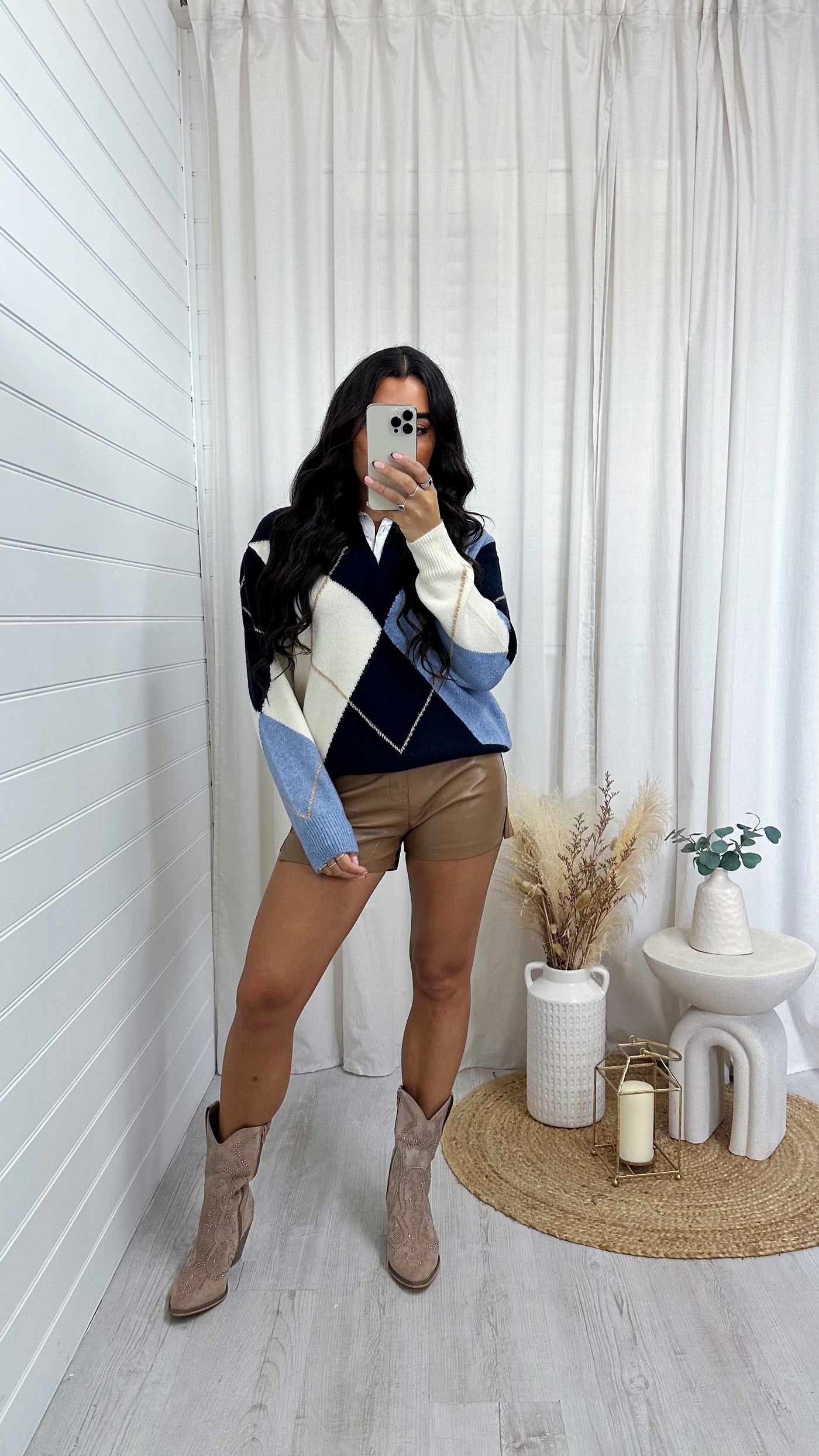 Argyle Knitted Insert Jumper - BLUE