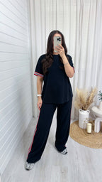 Soft Ribbed Side Strip T-Shirt and Trousers Co-Ord - BLACK