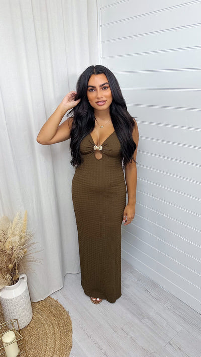 Seashell Buckle Plunge Maxi Dress - BROWN