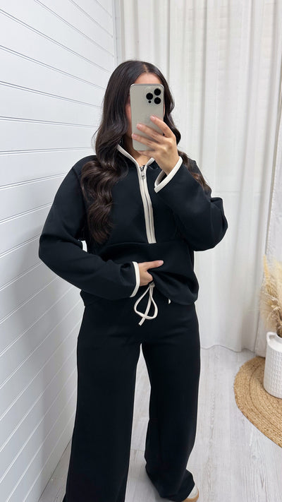 Contrast Half Zip Hoodie and Wide Leg Joggers Co-Ord - BLACK