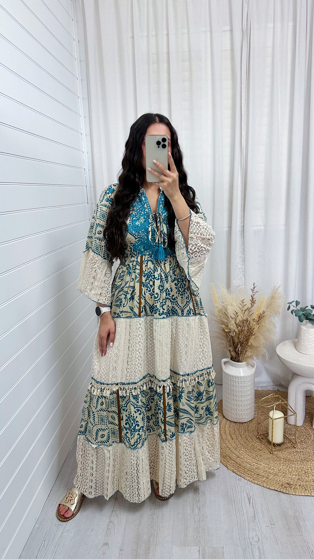 Lace Panel Damask Print Maxi Dress - TEAL