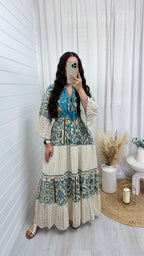 Lace Panel Damask Print Maxi Dress - TEAL