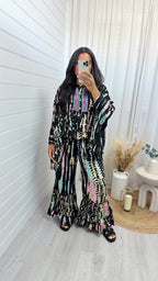 Tie Dye Pleated Sleeve Beaded Co-Ord - BLACK