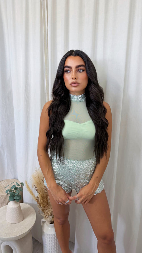 3 Piece Sequin Mesh Bodysuit, Bralette and Shorts Co-Ord - MINT