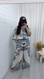 Linen Floral Print Shirt and Wide Leg Trousers Co-Ord - BLUE