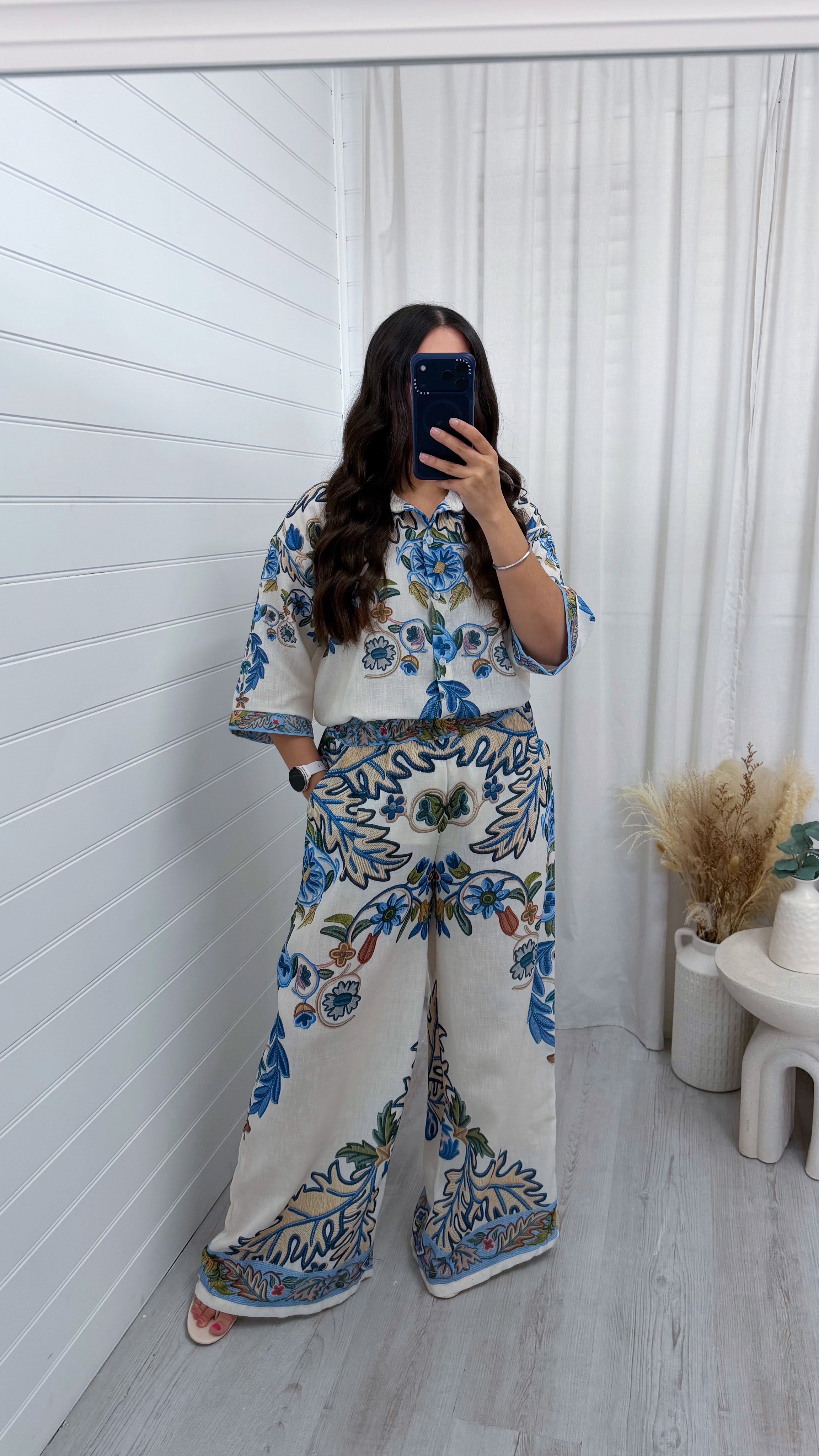 Linen Floral Print Shirt and Wide Leg Trousers Co-Ord - BLUE