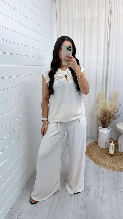 Sleeveless Bow Top and Wide Leg Trousers Co-Ord - BEIGE