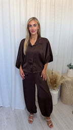Satin Shirt and Cuffed Trousers Co-Ord - BROWN